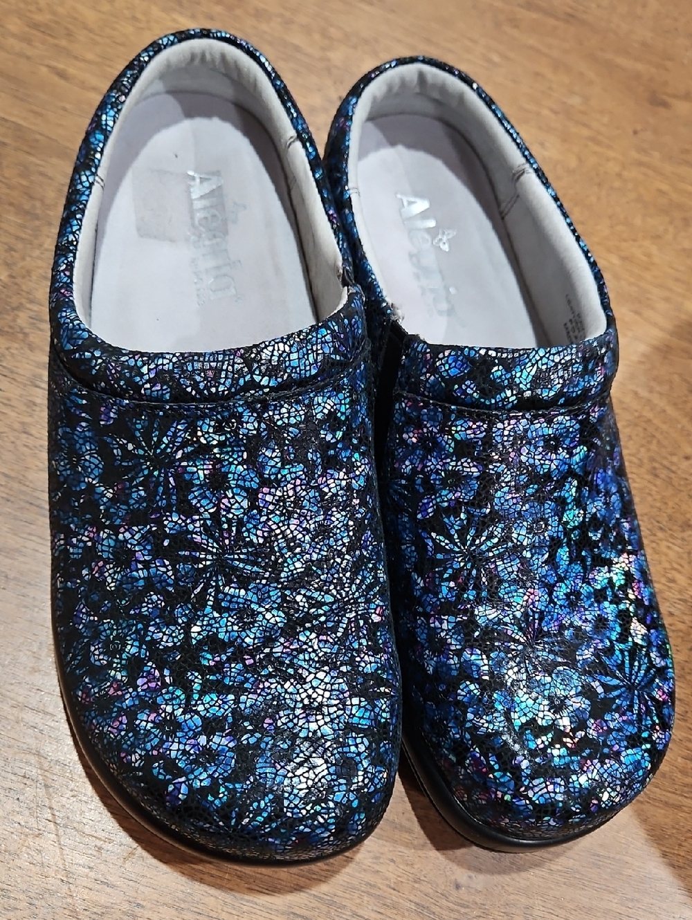 Alegria Mosaic Iridescent Clogs in Blue and Purple